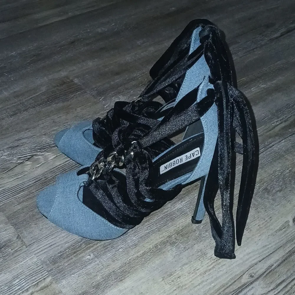 Cape Robbin Denim Black Peep Toe Ankle Straps Heels NWOT Sz 8